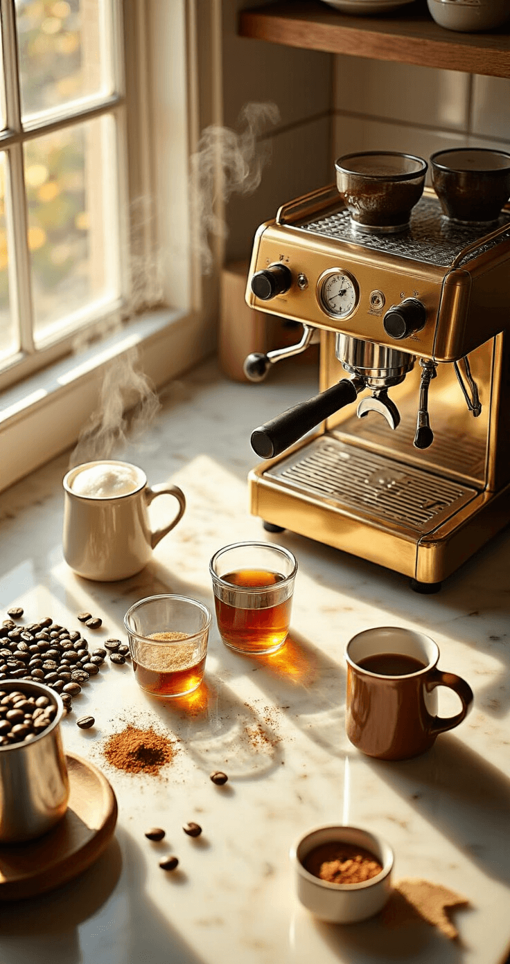 Caramel Cinnamon Cappuccino: The 10-Minute Coffee Shop Drink You Can Make at Home Cinematic overhead shot of a kitchen counter during espresso preparation, featuring coffee beans, a vintage brass espresso machine, amber syrup, brown sugar, a ceramic mug, a silver frothing pitcher, and cinnamon dust on the marble countertop, all illuminated by golden morning light.