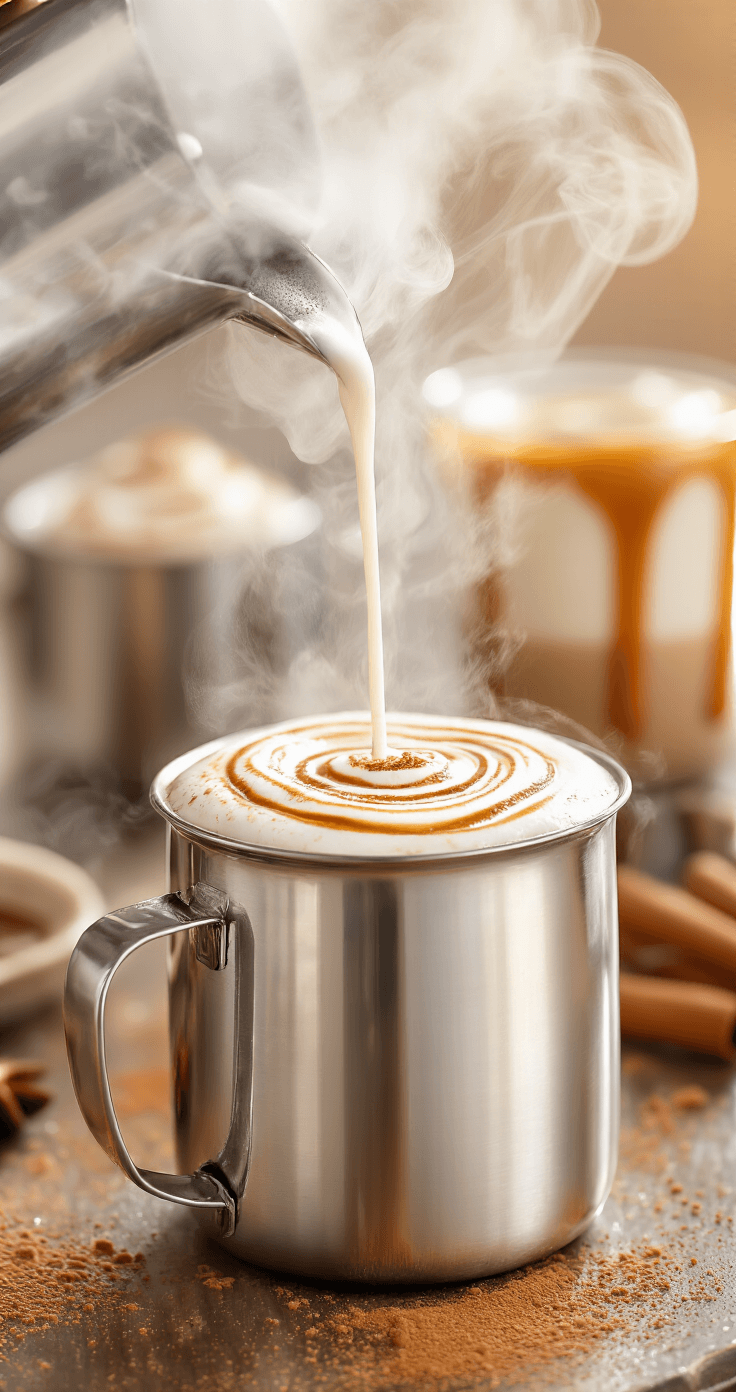 Caramel Cinnamon Cappuccino: The 10-Minute Coffee Shop Drink You Can Make at Home Dynamic close-up of milk frothing in a stainless steel pitcher, swirling with cinnamon, creating spiral patterns, with steam rising in soft focus. Background features blurred espresso shots and caramel drizzle preparation, highlighting the art of cappuccino foam.