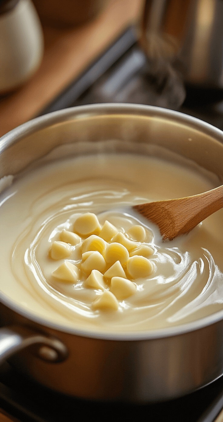 Espresso Snowflake Latte – Creamy White Chocolate Winter Coffee Close-up of a stainless steel saucepan on stovetop with steaming creamy milk and white chocolate chips melting into swirling patterns, illuminated by warm golden kitchen lighting. A wooden spoon rests against the pan edge, with drops of condensed milk on the rim, while the background features a soft blur of coffee equipment.