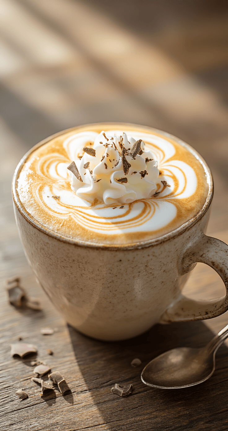 Espresso Snowflake Latte – Creamy White Chocolate Winter Coffee Overhead artistic shot of a finished espresso snowflake latte in an elegant ceramic mug on a rustic wooden surface, featuring marbled layers of rich espresso and creamy white chocolate milk, topped with whipped cream and white chocolate shavings, with scattered chocolate curls and a vintage spoon beside the mug.