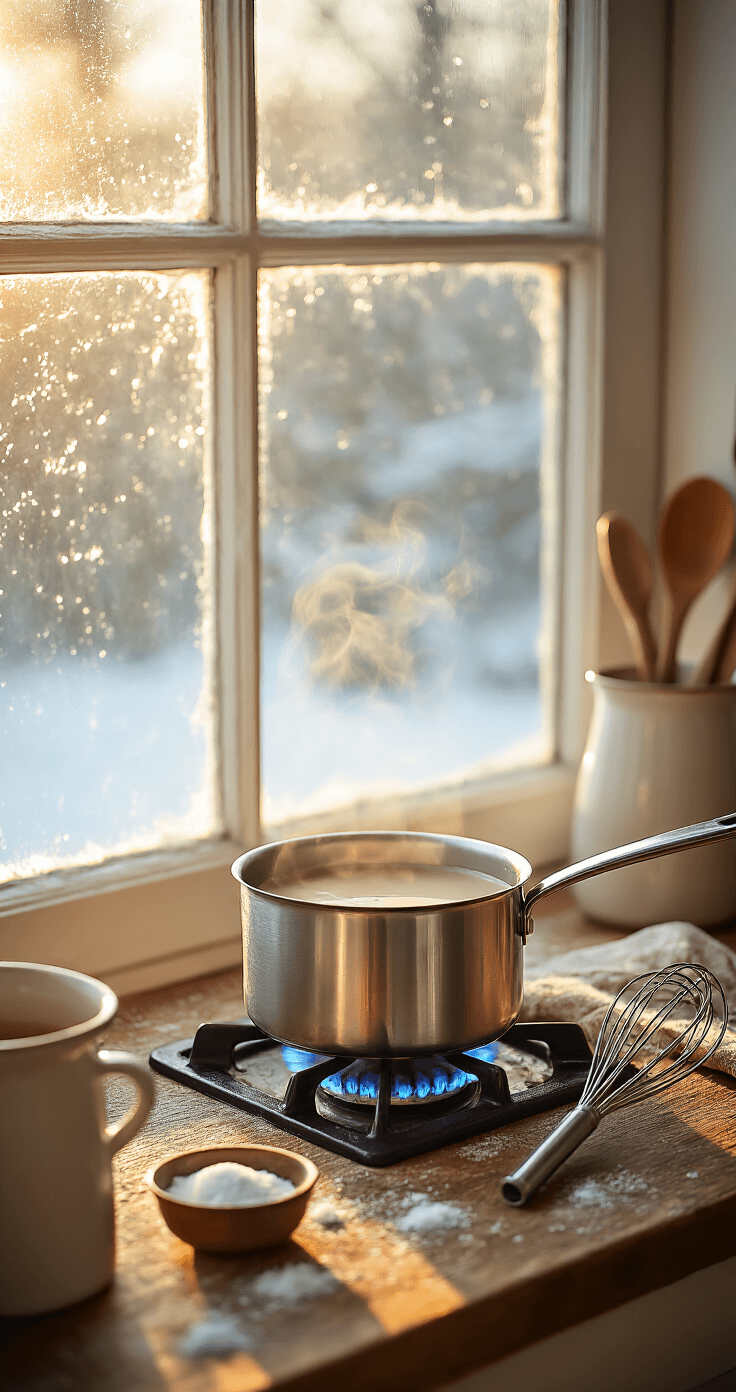 Cozy Winter Mocha Recipe: Rich Chocolate Espresso Drink You'll Actually Make An intimate kitchen scene with warm morning light brightening a frost-covered window, featuring a stainless steel saucepan on a gas burner steaming rich milk, with cocoa powder and sugar measured out on a rustic wooden counter, and a wire whisk nearby, all creating a cozy winter atmosphere.