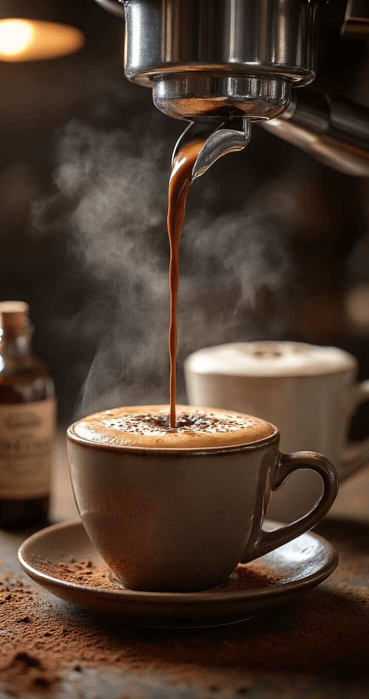 Cozy Winter Mocha Recipe: Rich Chocolate Espresso Drink You'll Actually Make Close-up of dark espresso pouring from a portafilter into a ceramic mug, creating rich crema; chocolate-infused steamed milk in background with glistening bubbles; warm lighting accentuates the contrast; steam rises from both vessels over a rustic kitchen counter with cocoa powder and a vanilla extract bottle in soft focus.