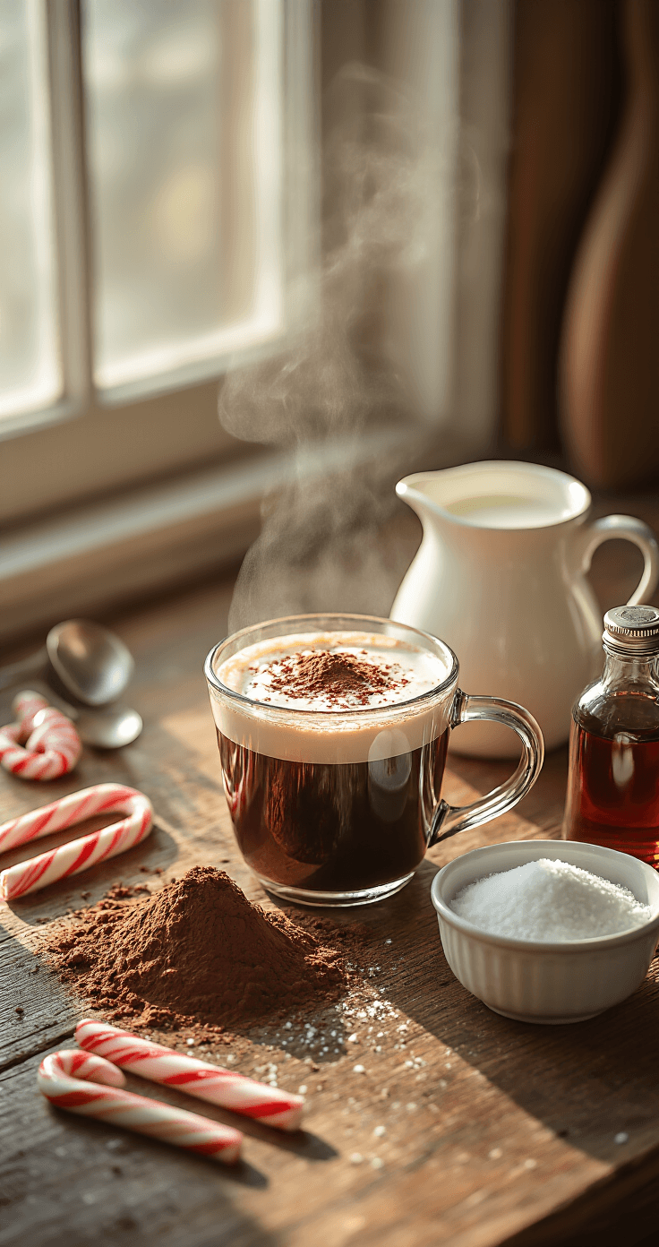 Creamy Peppermint Coffee: The Holiday Drink That Takes 10 Minutes Cinematic overhead shot of creamy peppermint coffee ingredients on rustic wooden counter, featuring brewed espresso, cocoa powder, fresh milk, peppermint extract, scattered candy canes, and sugar crystals, all illuminated by warm morning light.