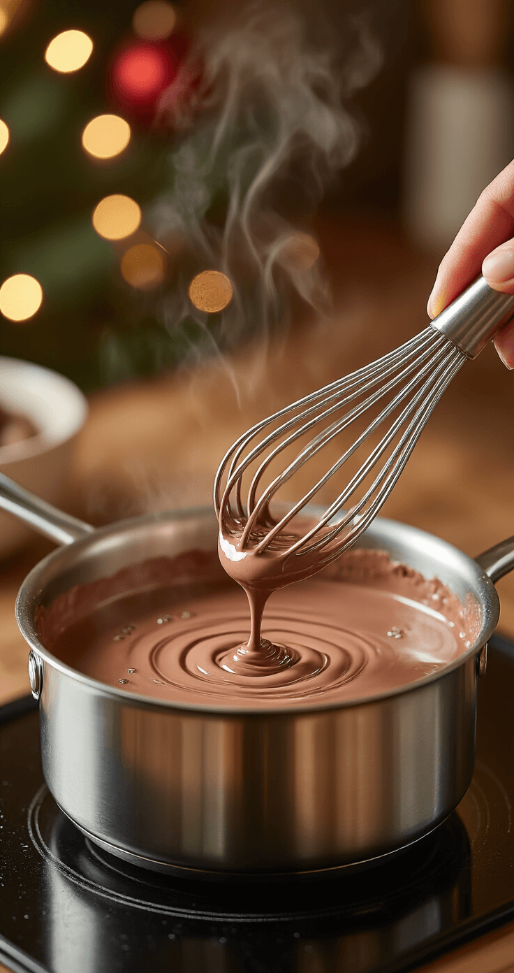 Creamy Peppermint Coffee: The Holiday Drink That Takes 10 Minutes Dynamic close-up of a stainless steel saucepan on the stovetop, mid-whisk, with cocoa powder dissolving into creamy milk, creating spirals and small bubbles, captured in warm amber light with a softly blurred kitchen background and hints of holiday decorations.