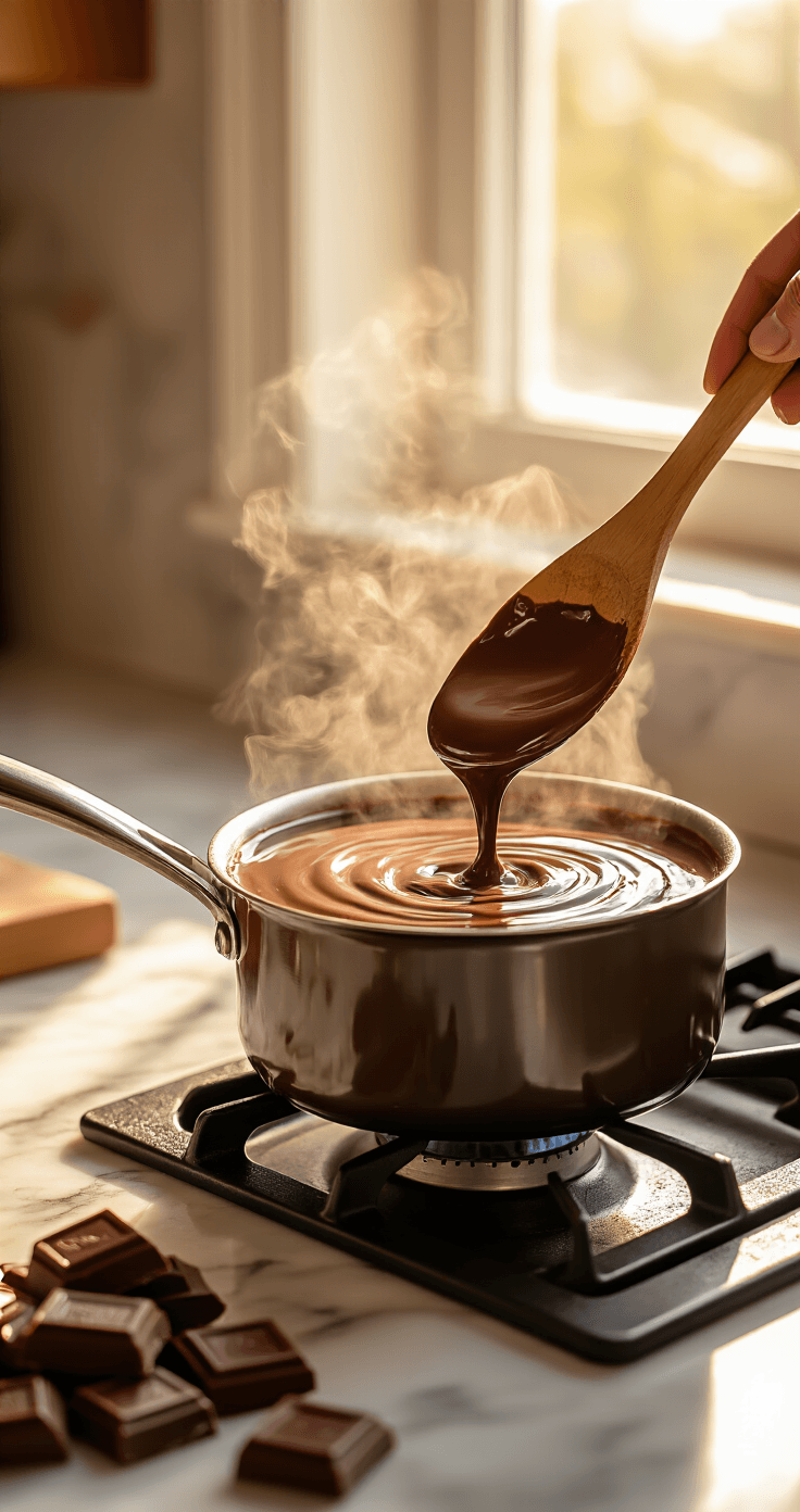 Coffee Hot Chocolate: The Ultimate Mocha Drink You Can Make at Home Cinematic overhead shot of a saucepan on a gas stove with melting dark chocolate in creamy milk and cream, steam rising, and a wooden spoon creating swirls; scattered chocolate chunks on a marble countertop and soft natural light highlighting the scene.