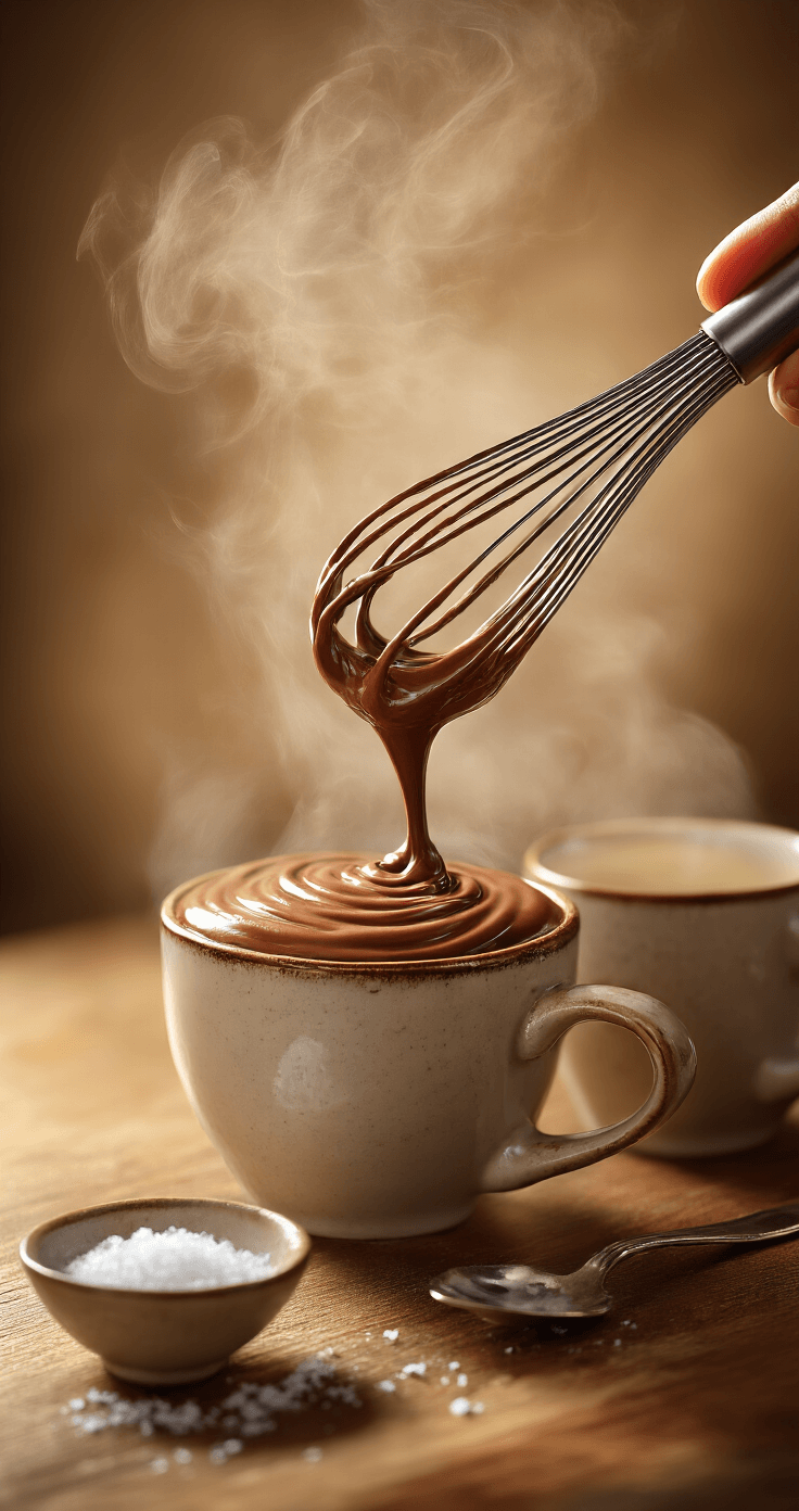 Coffee Hot Chocolate: The Ultimate Mocha Drink You Can Make at Home Professional kitchen scene with freshly brewed espresso being whisked into a steaming chocolate mixture, showcasing dynamic motion blur of the whisk and elegant spiral patterns. Warm amber lighting highlights the glossy surface and perfect consistency, with two ceramic mugs and seasoning ingredients nearby, and steam rising against a softly blurred background.