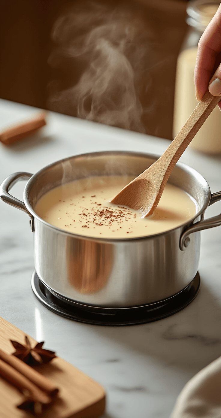 Mocha Eggnog Latte Recipe: The Ultimate Holiday Coffee Drink Cinematic close-up of a stainless steel pot on a stovetop with steaming creamy eggnog being stirred by a wooden spoon, illuminated by warm golden kitchen lighting. Ground cinnamon and fresh nutmeg are visible on the marble countertop as delicate steam rises from the mixture.