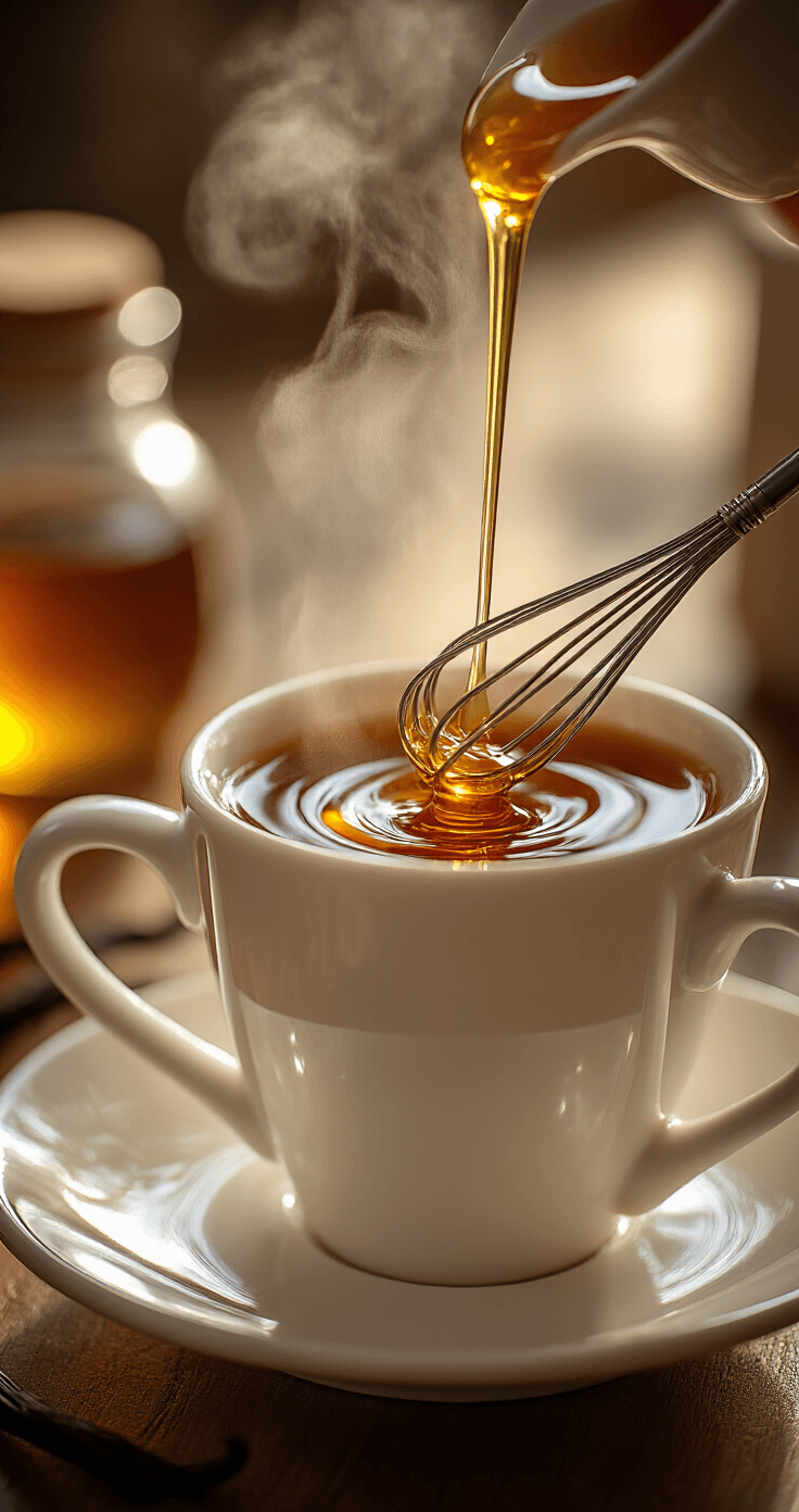 Honey Vanilla Latte Recipe: The Sweet Coffee Shop Classic You Can Make at Home Close-up of hot espresso being mixed with honey and vanilla in a white ceramic mug, with steam rising and a whisk creating ripples in the mixture. Warm golden hour lighting highlights the glossy honey and aromatic steam in a cozy kitchen setting.