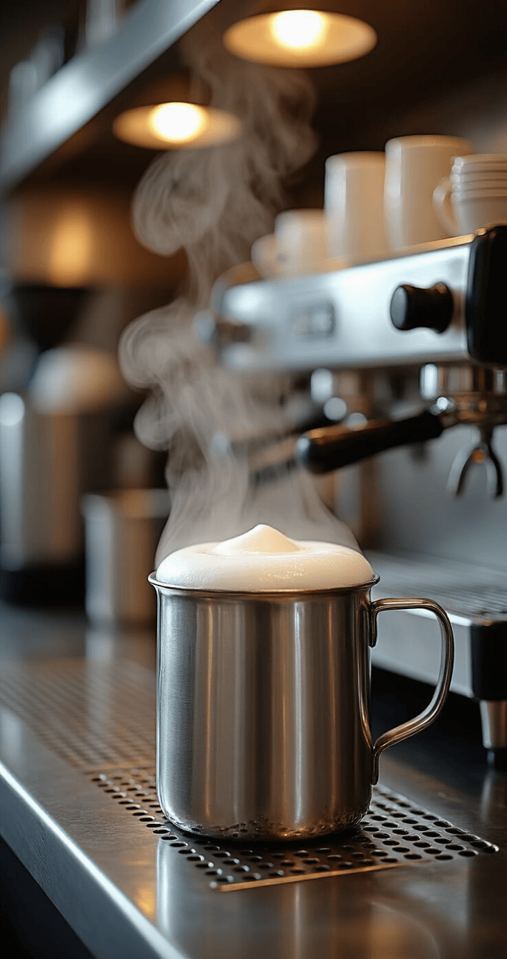 Honey Vanilla Latte Recipe: The Sweet Coffee Shop Classic You Can Make at Home A professional kitchen scene showcasing a stainless steel pitcher frothing steamed milk into silky microfoam, illuminated by soft overhead lighting, with steam wafting upward and an organized barista workspace in the background, emphasizing the artistry and precision of milk preparation.