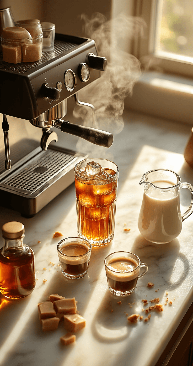 Iced Toffee Coffee Recipe: Buttery Sweet Coffee Heaven Overhead shot of a marble kitchen counter in golden morning light, featuring a steaming espresso machine, a glass of ice cubes, an amber toffee syrup bottle, a cold milk pitcher with condensation, freshly pulled espresso shots with crema, and crushed toffee pieces, all arranged with barista precision.