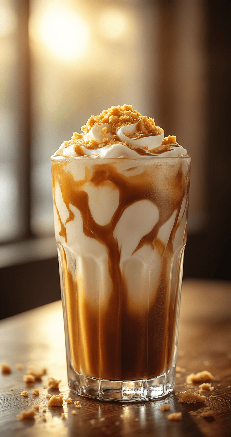 Iced Toffee Coffee Recipe: Buttery Sweet Coffee Heaven Close-up of a tall glass of iced toffee coffee featuring layers of amber toffee syrup and rich dark espresso, with creamy milk creating marbled patterns and clear ice cubes, illuminated by golden afternoon light and adorned with crushed toffee on top.