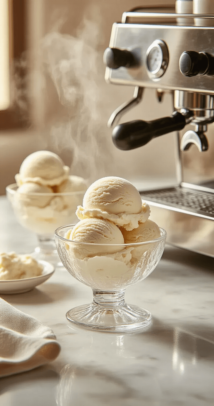 Espresso Affogato: The 2-Ingredient Italian Dessert That Takes 60 Seconds A cinematic overhead shot of white vanilla gelato scoops in elegant glass bowls on a marble countertop, illuminated by soft natural light with condensation on the glass, alongside a steaming espresso machine, conveying Italian café sophistication.