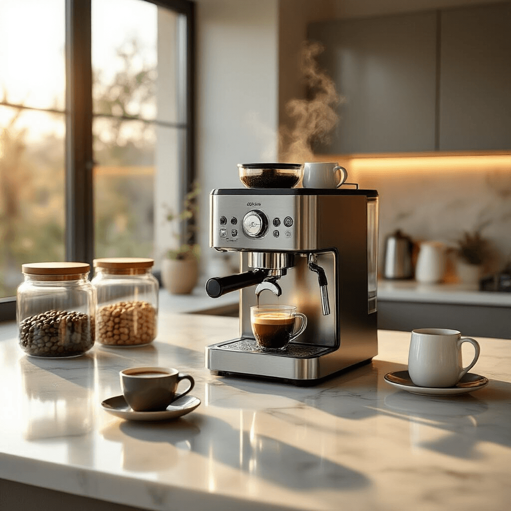 The Ultimate Guide to Combination Espresso and Coffee Makers: Your Kitchen's New Best Friend A modern kitchen counter bathed in soft morning light, featuring a sleek dual-function espresso and coffee maker on white marble countertops, surrounded by coffee accessories, with steam rising from a freshly brewed espresso.
