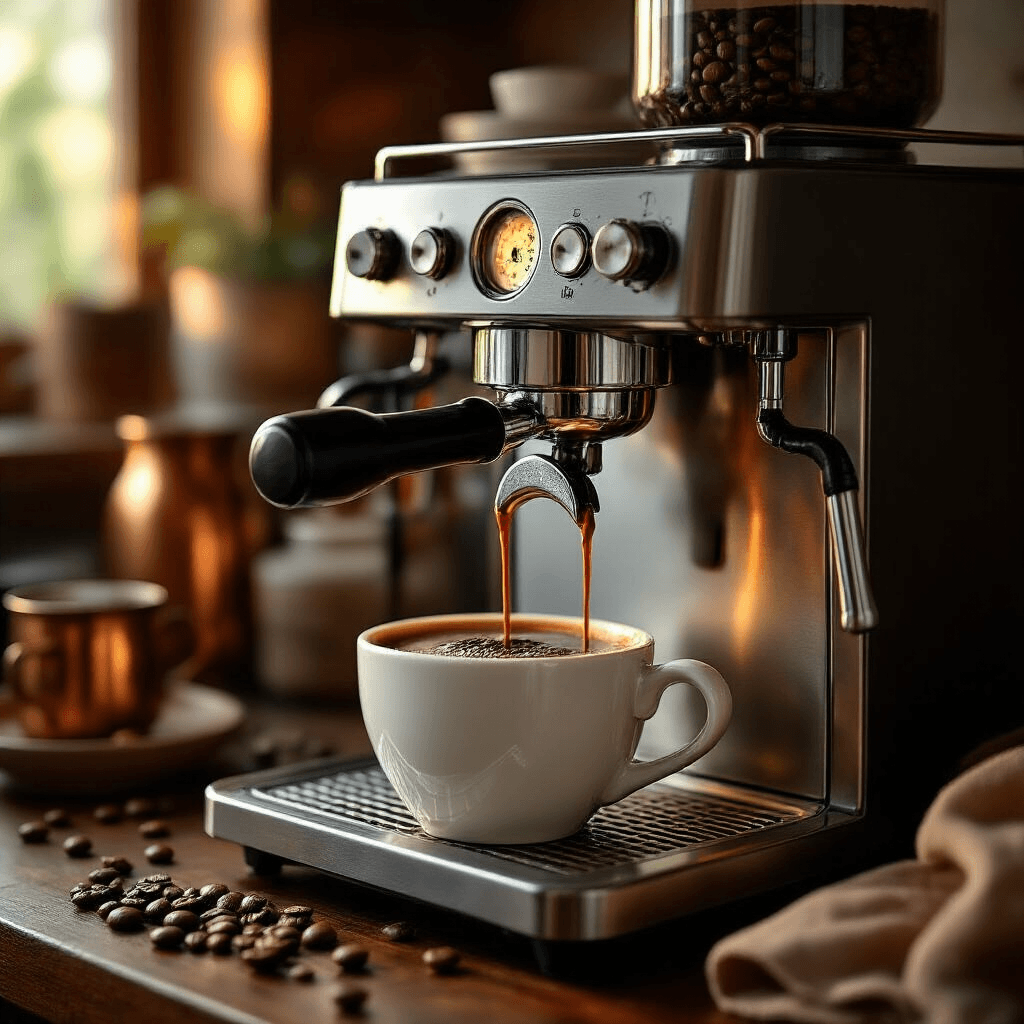 The Ultimate Guide to Combination Espresso and Coffee Makers: Your Kitchen's New Best Friend Close-up of a premium coffee maker brewing espresso in a cozy kitchen nook during golden hour, with rich espresso streaming into a white cup, freshly ground coffee beans on display, and warm amber lighting highlighting brushed metal surfaces and scattered coffee beans on dark wood countertops.