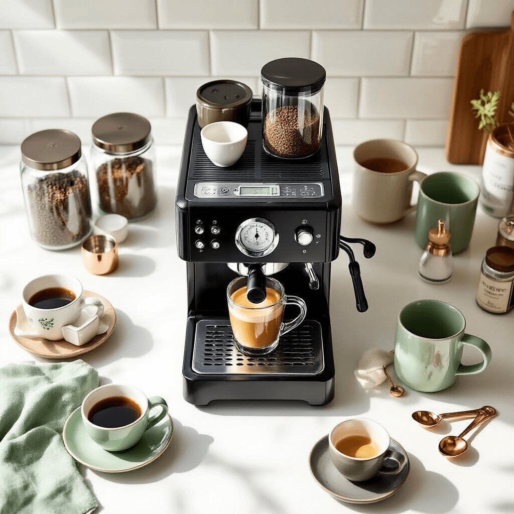 The Ultimate Guide to Combination Espresso and Coffee Makers: Your Kitchen's New Best Friend A bright overhead shot of a stylish kitchen counter, featuring a combination espresso and coffee maker, glass containers with various coffee grind sizes, a digital scale, and a collection of coffee cups. The backdrop consists of clean white subway tiles with sage green and gold accents, enhanced by natural sunlight creating crisp shadows.