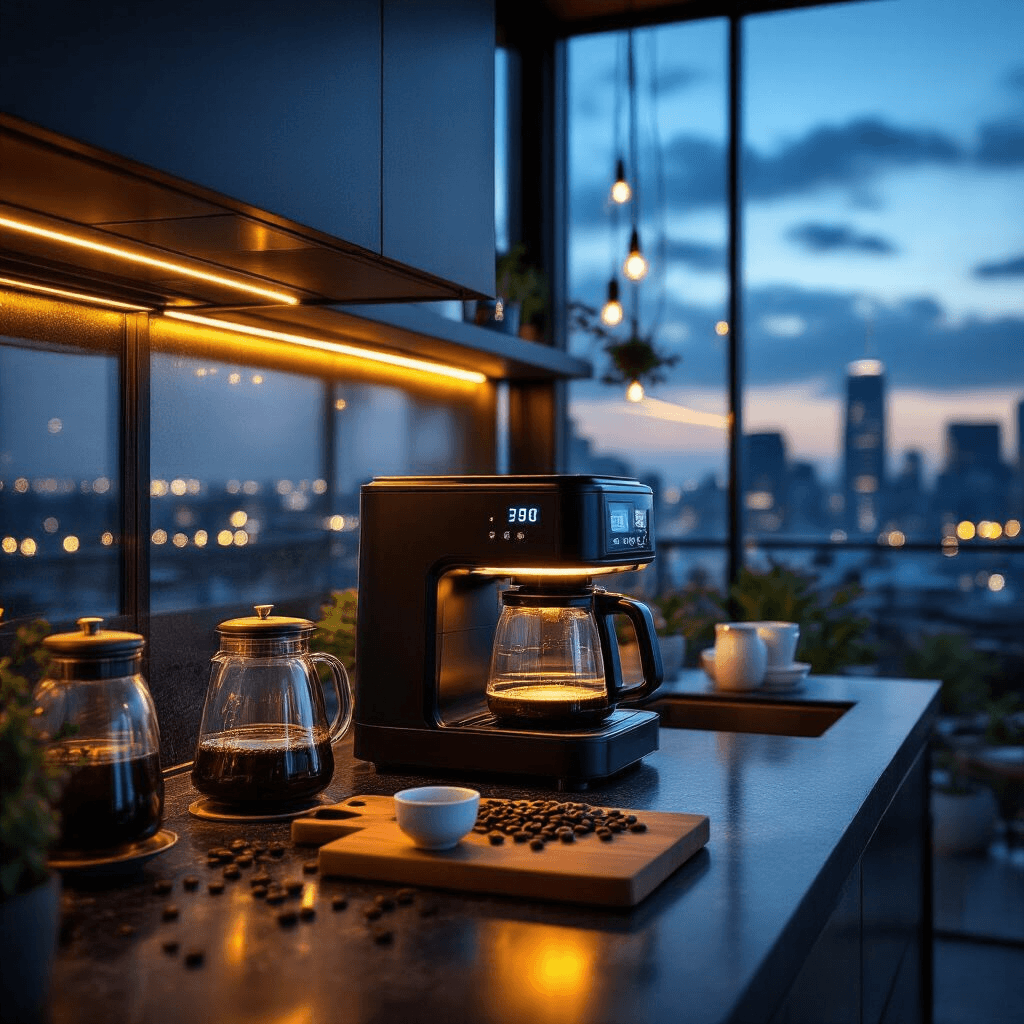 The Ultimate Guide to Combination Espresso and Coffee Makers: Your Kitchen's New Best Friend A modern rooftop terrace kitchen illuminated during the blue hour, featuring a glowing coffee maker, warm under-cabinet lighting on dark granite countertops, and a twinkling city skyline visible through floor-to-ceiling windows. Glass brewing vessels, a wooden cutting board with scattered coffee beans, and minimalist white ceramic accessories complete the luxe evening coffee ritual ambiance, enhanced by string lights and a subtle blue digital display.