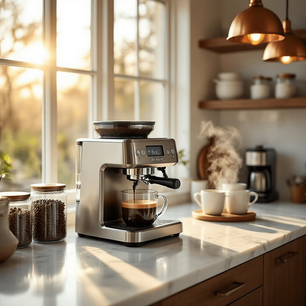 Creating the Perfect Coffee Station: How the Breville Grind Control BDC650BSS Transforms Your Morning Routine Photorealistic wide-angle shot of a modern kitchen coffee station featuring a Breville Grind Control coffee maker on white marble countertops, illuminated by warm morning sunlight, with organized coffee storage, thermal mugs, and a cozy atmosphere enhanced by walnut accents and copper pendant lights.