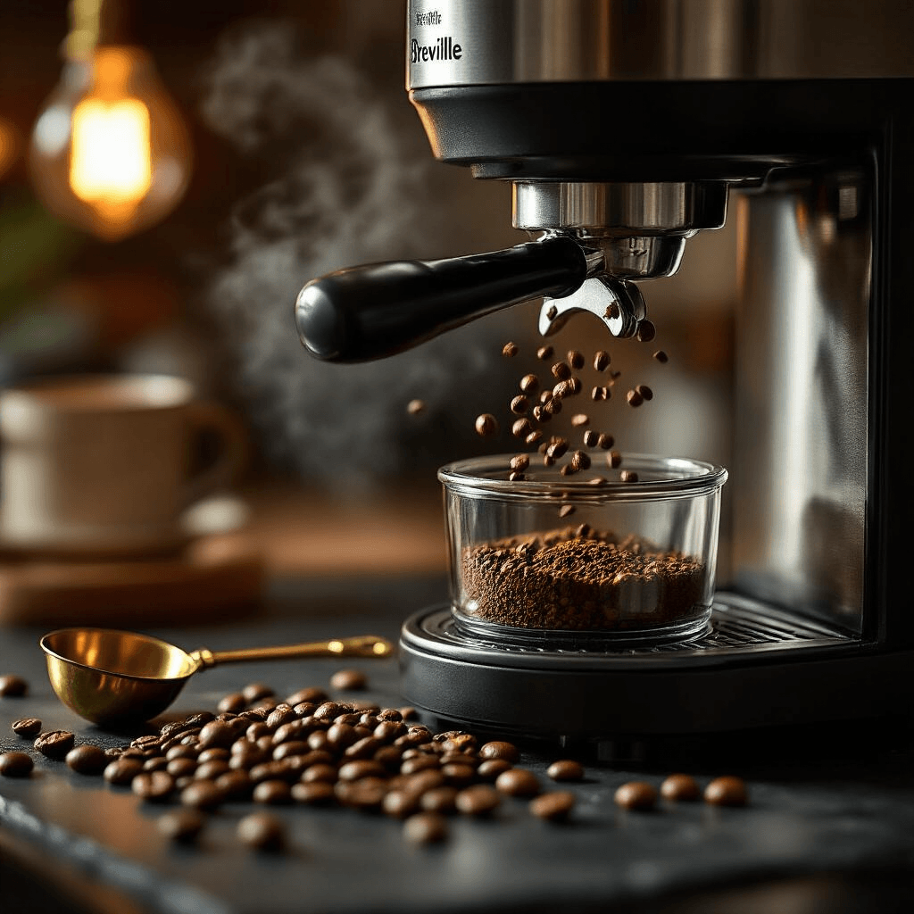 Creating the Perfect Coffee Station: How the Breville Grind Control BDC650BSS Transforms Your Morning Routine Cinematic close-up of a Breville burr grinder in a cozy kitchen, with freshly ground coffee beans cascading into a clear chamber. Steam rises in the soft morning light, surrounded by scattered coffee beans, a vintage brass scoop, and warm Edison bulb lighting, creating rich tones and dramatic shadows.