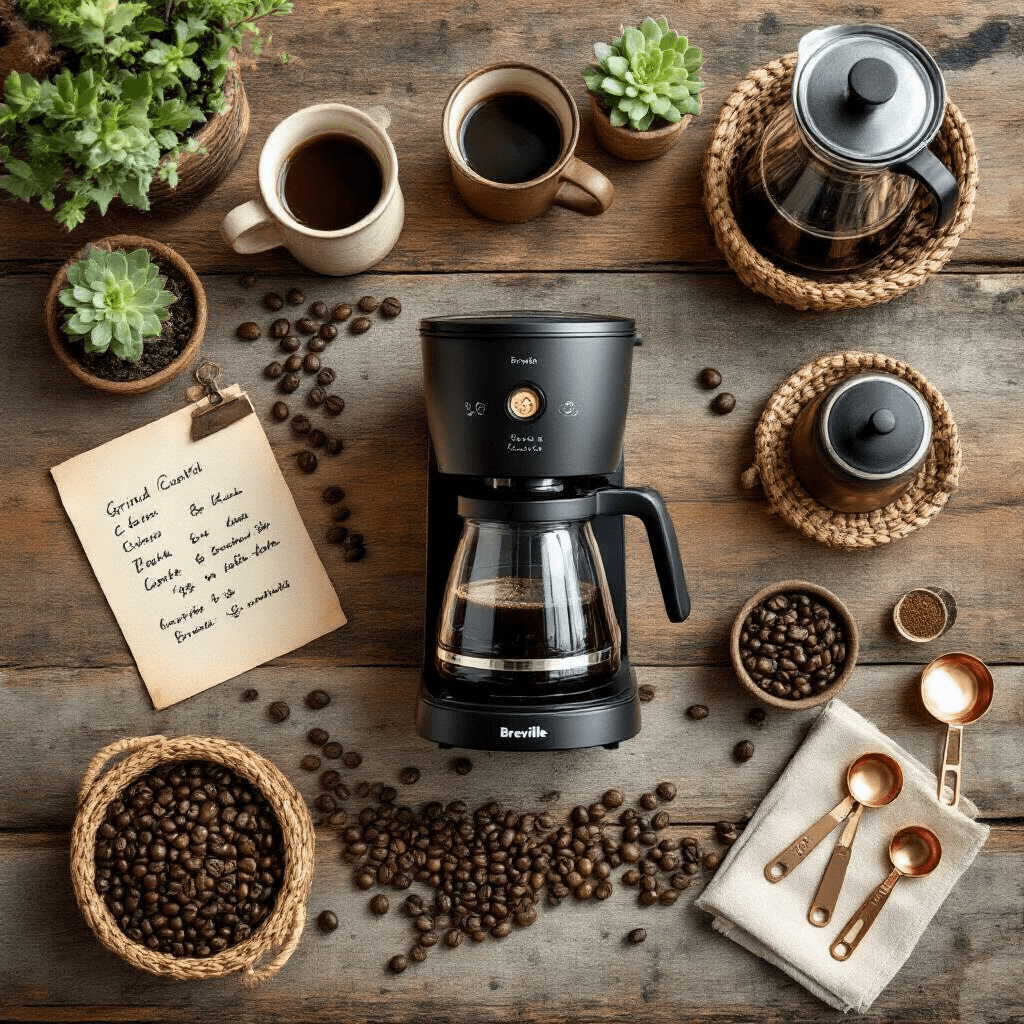 Creating the Perfect Coffee Station: How the Breville Grind Control BDC650BSS Transforms Your Morning Routine Overhead flat lay of a coffee brewing setup on reclaimed wood, featuring the Breville Grind Control, thermal carafes, scattered coffee beans, vintage handwritten notes, measuring tools, and cleaning supplies in woven baskets, enhanced by soft natural lighting and a warm color palette with succulents and copper accents.
