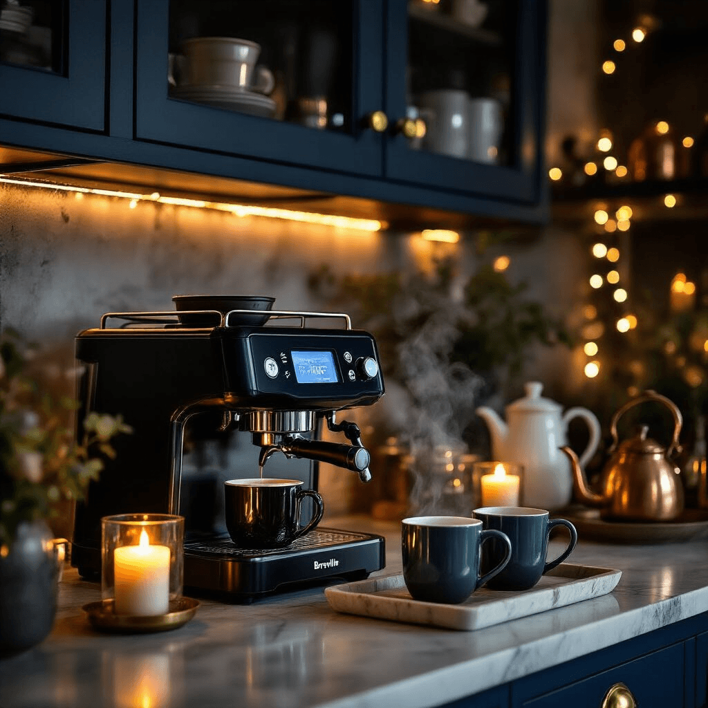 Creating the Perfect Coffee Station: How the Breville Grind Control BDC650BSS Transforms Your Morning Routine Moody evening photograph of a sophisticated coffee station featuring a Breville machine with warm LED lighting, steam rising from thermal mugs on a marble tray, and an intimate atmosphere enhanced by string lights and dark navy cabinets.