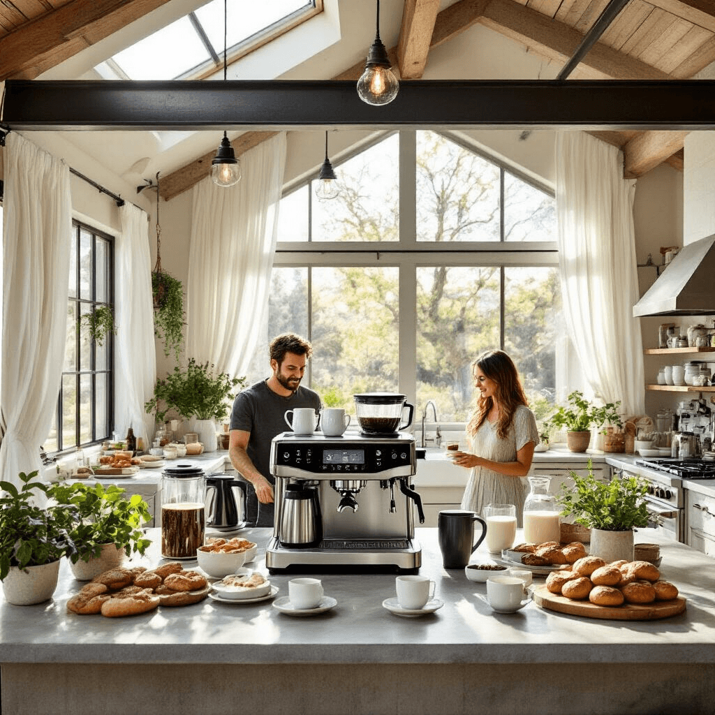 Creating the Perfect Coffee Station: How the Breville Grind Control BDC650BSS Transforms Your Morning Routine Brightly lit entertainer's kitchen during a weekend gathering, featuring the Breville Grind Control coffee station on a large island, surrounded by thermal carafes and pastries, with vaulted ceilings, industrial elements, and natural sunlight streaming through skylights.