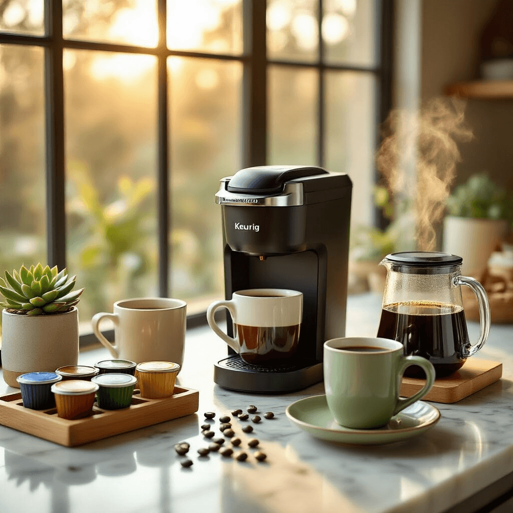 The Keurig K-Duo Coffee Maker: Your Ultimate Solution for Single Cups and Full Pots Elegant morning coffee setup on a marble countertop, featuring a Keurig K-Duo, colorful K-Cups, a glass carafe of dark coffee, ceramic mugs, a succulent, and scattered coffee beans, all bathed in warm golden hour sunlight.