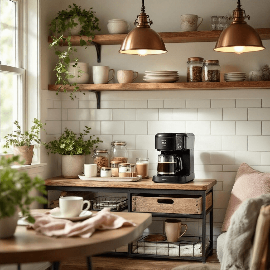 The Keurig K-Duo Coffee Maker: Your Ultimate Solution for Single Cups and Full Pots Cozy kitchen breakfast nook bathed in soft morning light, featuring a K-Duo coffee maker on a wooden shelf, rustic coffee cart with essentials, and warm pendant lighting, creating an intimate coffee sanctuary.