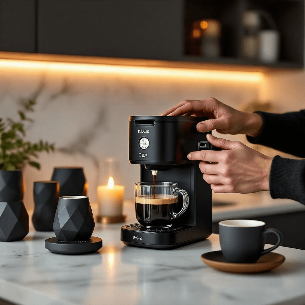 The Keurig K-Duo Coffee Maker: Your Ultimate Solution for Single Cups and Full Pots Close-up of hands using a K-Duo coffee machine in a modern kitchen, illuminated by warm LED lights and candles, surrounded by geometric coffee storage, a pour-over dripper, precision scale, and artisanal ceramic cups, creating a cozy, intimate coffee preparation atmosphere.