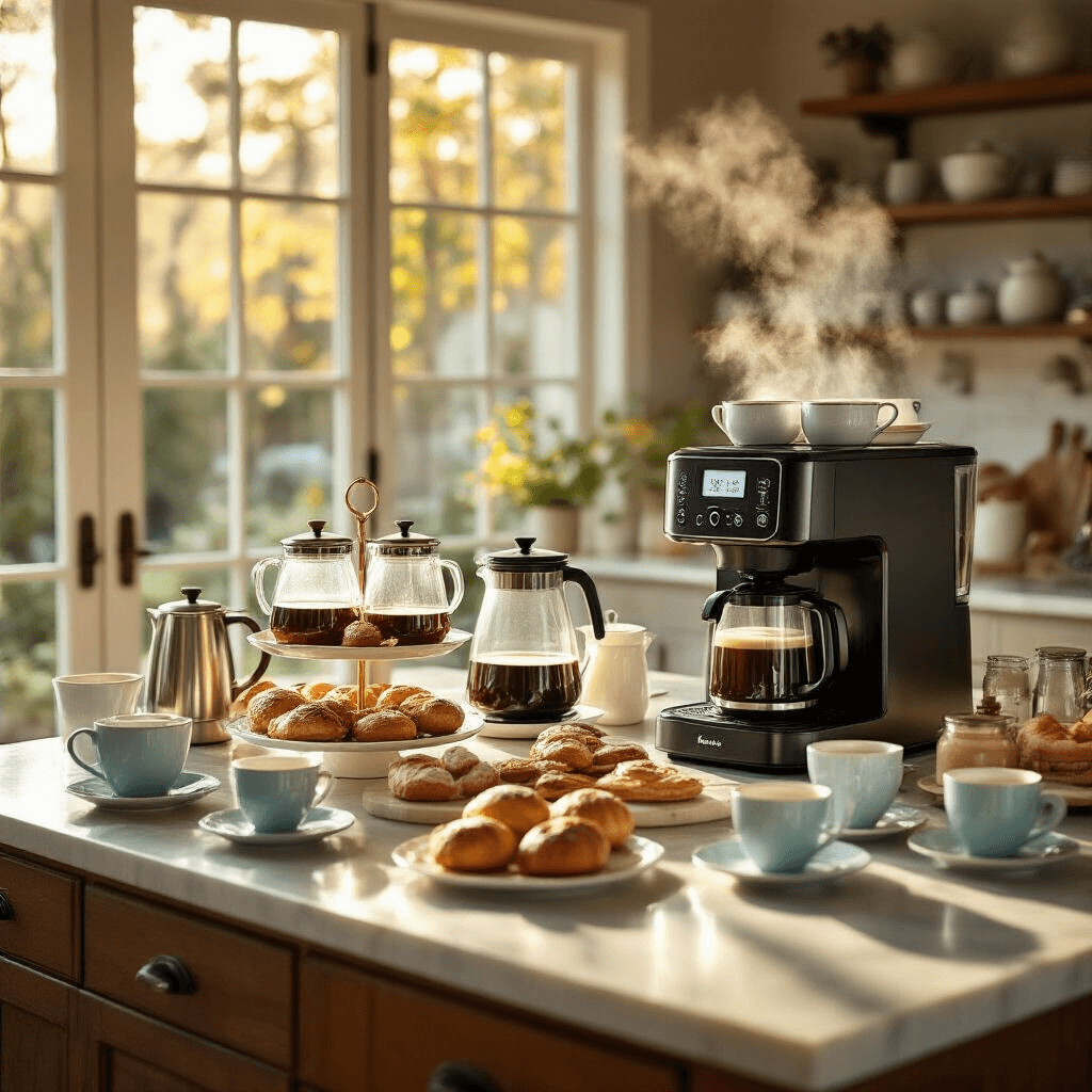 The Keurig K-Duo Coffee Maker: Your Ultimate Solution for Single Cups and Full Pots Cinematic wide shot of an elegant kitchen gathering featuring the K-Duo coffee maker at a central coffee station, surrounded by thermal carafes, a tiered stand of K-Cup flavors, vintage cream and sugar service, fresh pastries, and coordinated coffee cups, all illuminated by golden hour sunlight streaming through French doors.