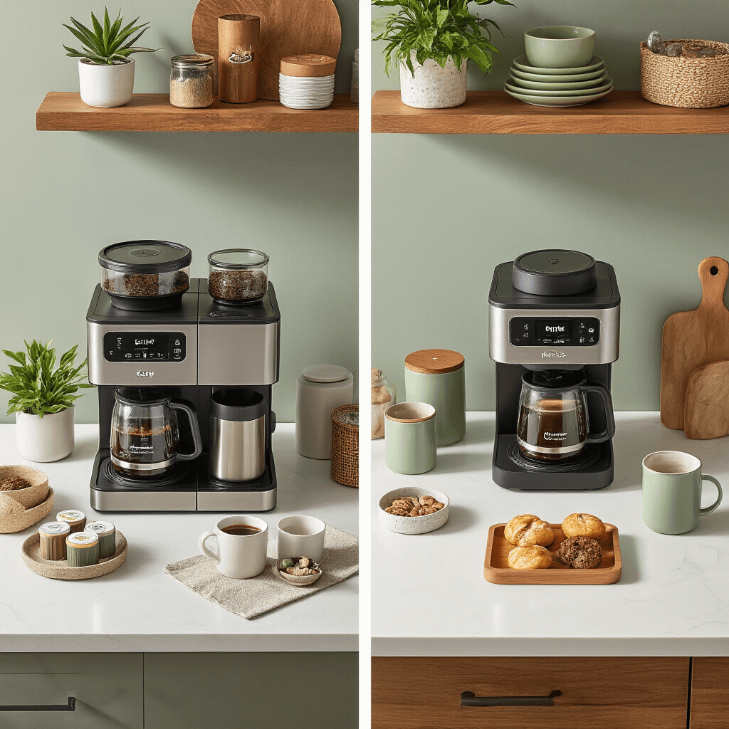 The Keurig K-Duo Coffee Maker: Your Ultimate Solution for Single Cups and Full Pots Split-screen image showing a cluttered coffee counter on the left with two coffee makers and scattered supplies, and an organized coffee station on the right featuring a K-Duo on a clean quartz counter, complemented by sage green and wood accessories, all illuminated by warm natural light.