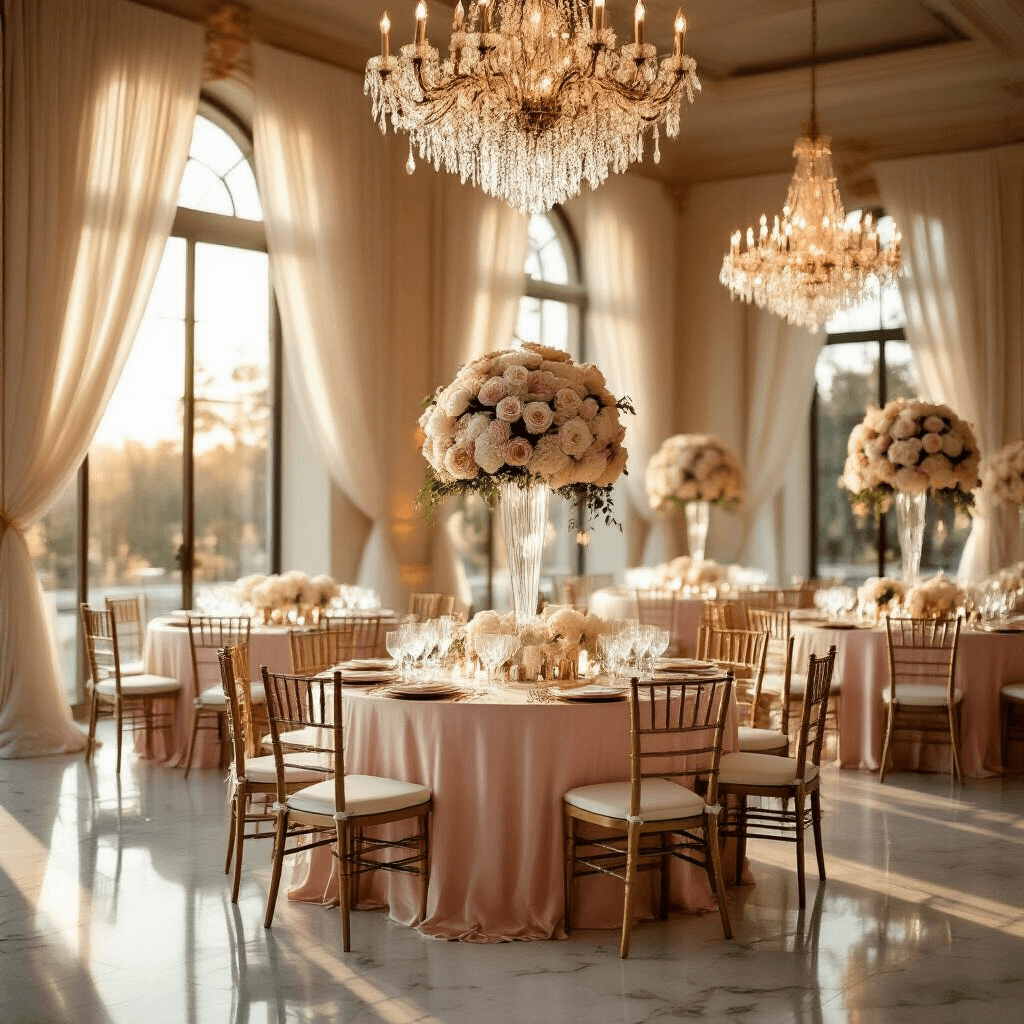 Detailed Instructions for Writing a Home Decor Article Elegant indoor ballroom during golden hour, featuring blush pink silk-draped tables, ivory floral centerpieces, crystal chandeliers, and warm ambient lighting, creating a romantic upscale wedding reception atmosphere.