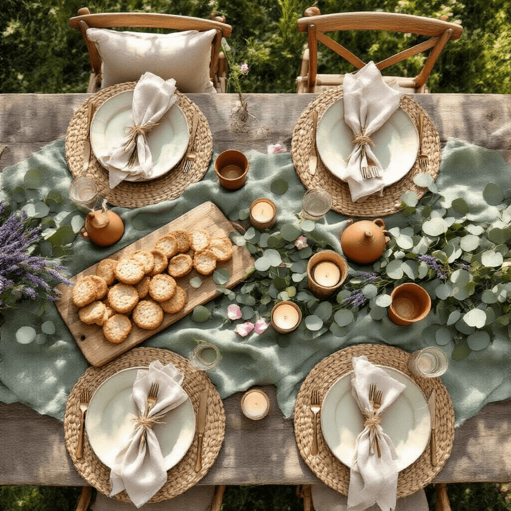 Detailed Instructions for Writing a Home Decor Article Whimsical garden party flat lay setup featuring low picnic tables with terracotta and sage green textiles, rustic wooden boards with artisanal treats, vintage brass candle holders, and eucalyptus garlands. Linen napkins tied with twine and warm cream ceramic plates on woven placemats, accented with lavender sprigs and rose petals in soft morning light.