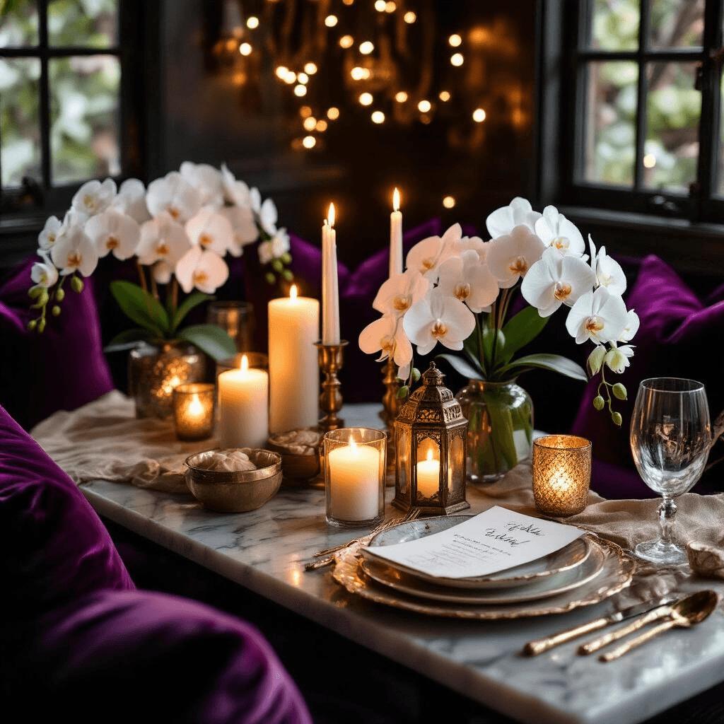 Detailed Instructions for Writing a Home Decor Article Close-up of a cozy dining nook set for a romantic candlelit celebration, featuring jewel-toned velvet cushions around a low marble table, ambient lighting with pillar candles, string lights, and brass lanterns, adorned with gold and ivory linens, fresh white orchids, custom calligraphy place cards, and artisanal ceramic dinnerware.