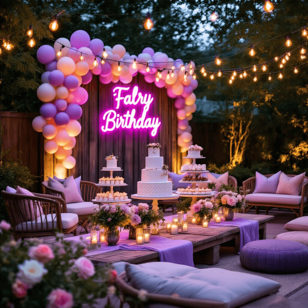 Detailed Instructions for Writing a Home Decor Article Cinematic wide shot of a stylish backyard birthday celebration at night, featuring tiered desserts on vintage cake stands, pastel balloon installations, and a rustic wooden backdrop with neon signage. The scene is adorned with string lights, floral arrangements in mercury glass vases, and plush seating areas, exuding a magical and sophisticated ambiance.