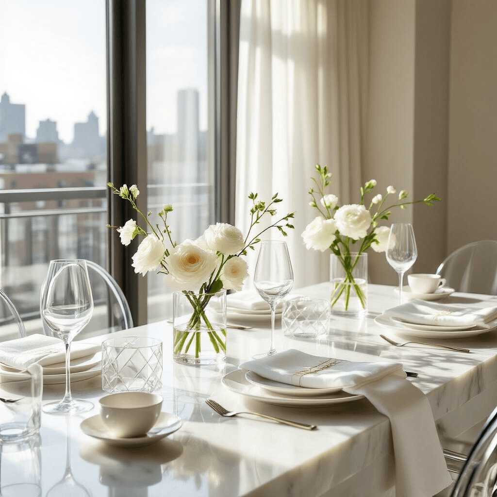 Detailed Instructions for Writing a Home Decor Article A modern apartment transformed into a luxe minimal celebration venue, featuring marble countertops with geometric centerpieces, sleek glassware, and natural light streaming through large windows, highlighting white drapery and ivory linens. The monochromatic decor includes ceramic serving pieces, acrylic chairs, and single-stem florals in minimalist vases, complemented by elegantly packaged party favors.