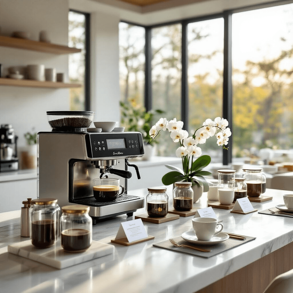 Built-In Coffee Makers: My Journey From Kitchen Chaos to Caffeinated Bliss Wide-angle shot of an elegant kitchen coffee tasting event featuring a built-in coffee maker, marble island tasting stations with glass canisters of different coffee origins, porcelain cups, and fresh orchids, all illuminated by soft morning light from floor-to-ceiling windows.