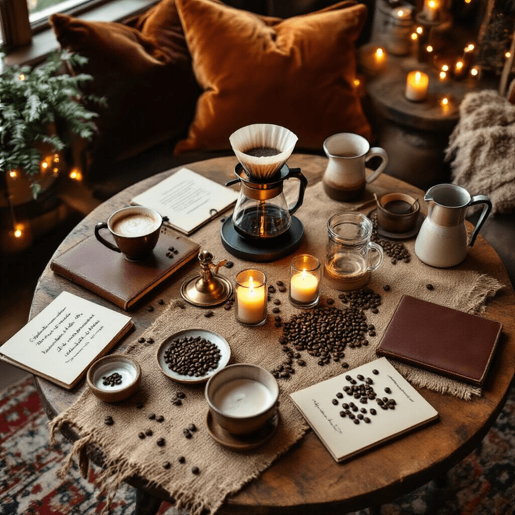 Built-In Coffee Makers: My Journey From Kitchen Chaos to Caffeinated Bliss Overhead flat lay of a cozy coffee education workshop setup with wooden tables, plush cushions, brewing equipment, fairy lights, and warm candlelit ambiance.