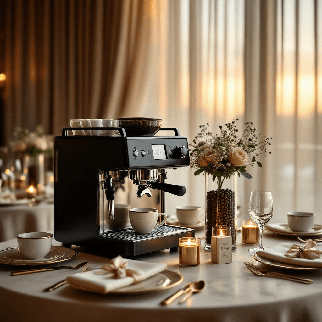 Built-In Coffee Makers: My Journey From Kitchen Chaos to Caffeinated Bliss Close-up detail of a luxurious coffee machine celebration in an upscale dining room, featuring an elegant built-in espresso system, sophisticated table arrangements with champagne and blush silk linens, tall glass cylinders with coffee beans, floating candles, and delicate baby's breath, all enhanced by golden hour lighting.