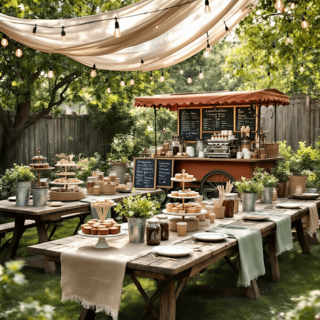 Built-In Coffee Makers: My Journey From Kitchen Chaos to Caffeinated Bliss A whimsical coffee-themed garden party in a stylish backyard features rustic farm tables with sage green and terracotta linen runners, a mobile coffee cart with vintage brass accents, coffee-flavored desserts on tiered stands, and galvanized buckets of iced coffee, all enhanced by string lights, flowing canopies, and wildflower arrangements in coffee tins.