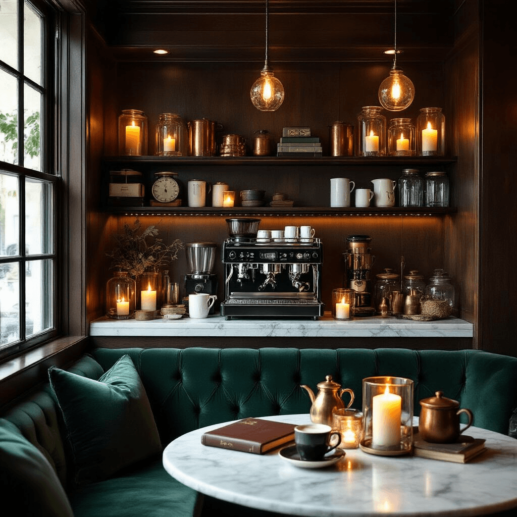 Built-In Coffee Makers: My Journey From Kitchen Chaos to Caffeinated Bliss Close-up of an elegant coffee equipment showcase in a moody dining nook, featuring curated coffee accessories, emerald green velvet seating, and ambient candlelight with brass accents and rich mahogany finishes.