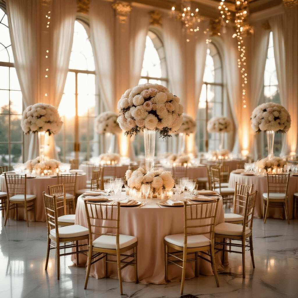 Instructions for Creating a Home Decor Article Elegant ballroom during golden hour with blush pink silk linens, white peony and rose centerpieces, warm candlelight, gold chiavari chairs, tiered wedding cake display, sheer ivory drapery, fairy lights, and luxurious floral arrangements.