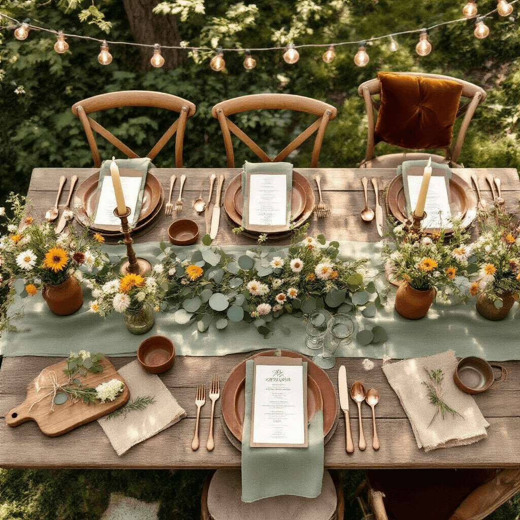 Instructions for Creating a Home Decor Article Overhead view of a charming garden party setup with wooden farm tables, sage green linen runners, terracotta dishes, and copper flatware, adorned with wildflower arrangements in mason jars, brass candlesticks, and eucalyptus garland, under string lights and natural sunlight filtering through trees.