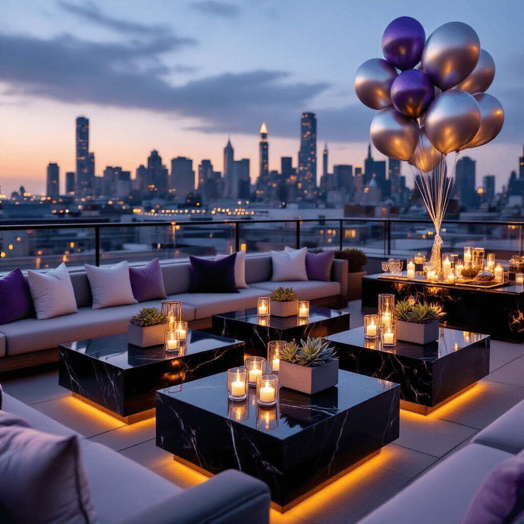 Instructions for Creating a Home Decor Article Close-up detail of a stylish rooftop terrace birthday celebration at night, featuring black marble cocktail tables with gold accents, lavender and silver decorations, geometric centerpieces with succulents, LED lighting, city skyline backdrop, elegant lounge seating, crystal glassware, minimalist cake display, and metallic party favors, all in a chic urban atmosphere.