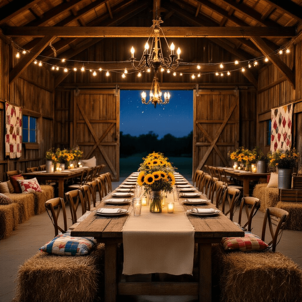 Instructions for Creating a Home Decor Article Cinematic wide shot of a rustic barn celebration at night, featuring long wooden tables with burlap runners and mason jar centerpieces of sunflowers, draped string lights, mismatched vintage chairs, cozy hay bale seating with colorful pillows, open barn doors revealing a starlit sky, warm amber Edison bulb lighting, and rustic decor elements like galvanized buckets of wildflowers and wooden crate cake stands.