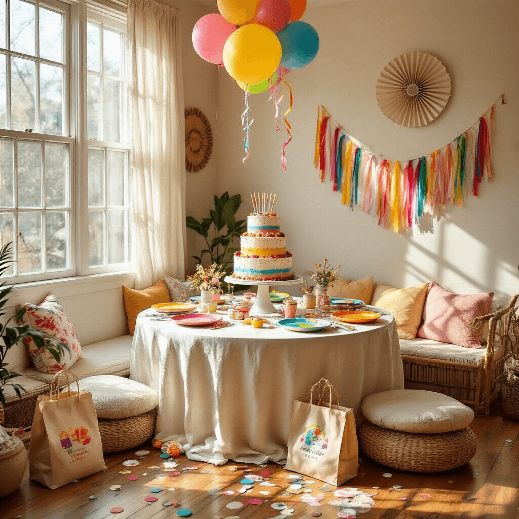 Instructions for Creating a Home Decor Article A cozy apartment dining setup for a children's birthday party, featuring a round pedestal table draped in ivory linen, colorful decorations like rainbow streamers and balloons, a tiered birthday cake, low seating with floor cushions, natural light illuminating the scene, playful wall decor, bright ceramic party plates, and DIY party favor bags, all creating a joyful and festive atmosphere.