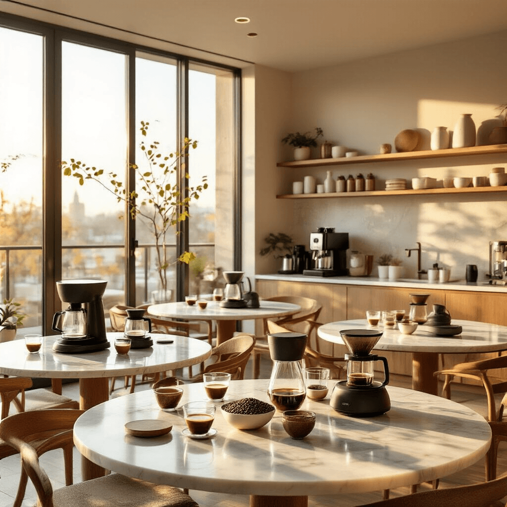 The Best Grind and Brew Coffee Maker: My Journey From Bitter Mornings to Café-Quality Bliss A photorealistic wide-angle shot of a morning coffee tasting event in a modern kitchen, featuring marble-topped tables with coffee makers and sampling cups, illuminated by warm natural light and accented by fresh greenery and elegant decor.
