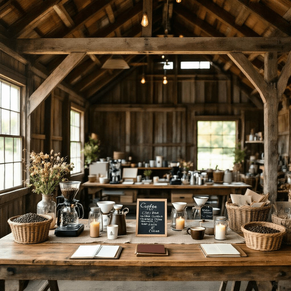 The Best Grind and Brew Coffee Maker: My Journey From Bitter Mornings to Café-Quality Bliss An overhead flat-lay of a coffee education workshop in a rustic barn with wooden tables set up for brewing, featuring vintage tools, notebooks, and coffee varieties, all bathed in soft morning light and warm colors.