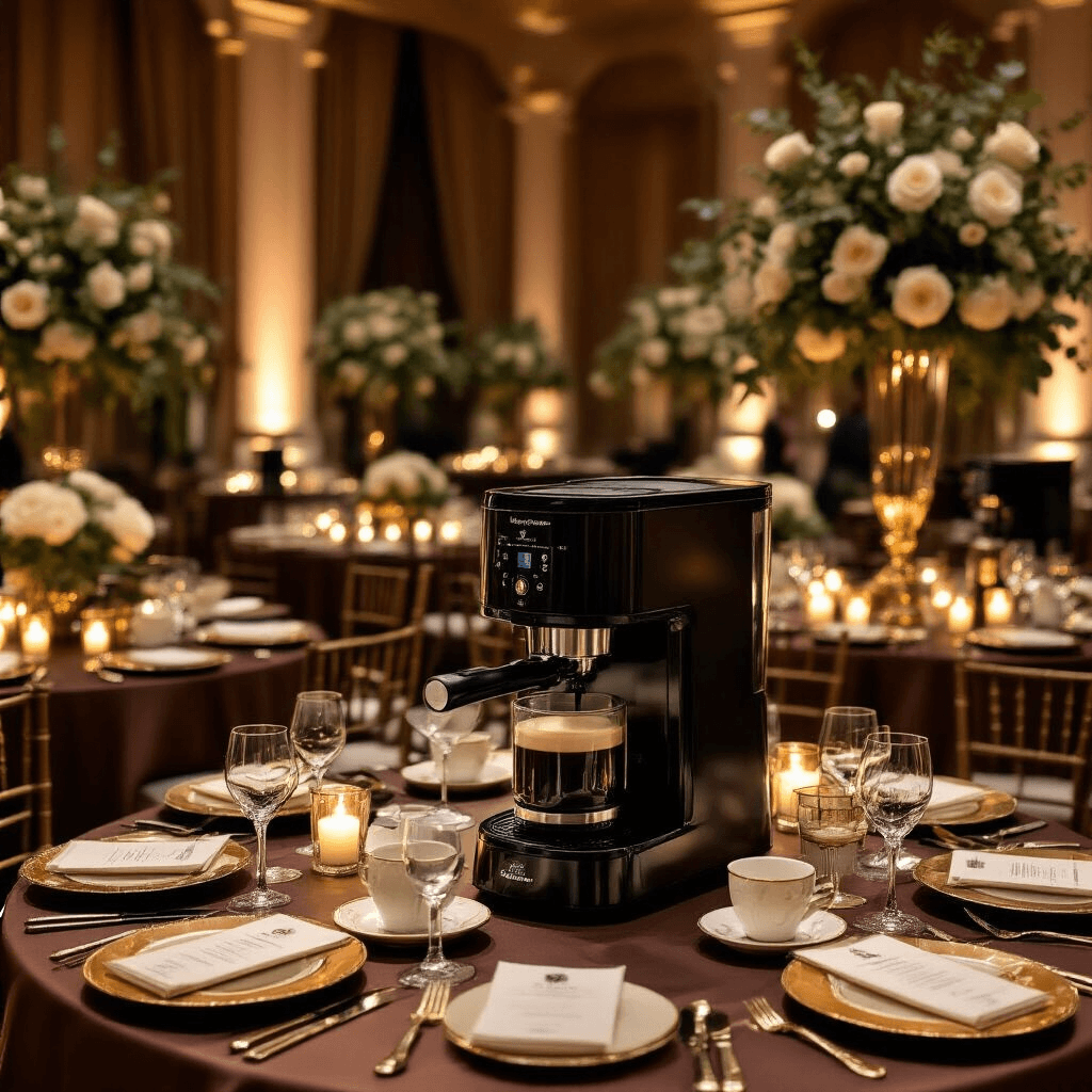 The Best Grind and Brew Coffee Maker: My Journey From Bitter Mornings to Café-Quality Bliss A luxurious coffee maker showcase event in an elegant ballroom, featuring round tables with rich espresso-colored silk linens, premium coffee machines, gold-rimmed tasting cups, and low floral arrangements, all illuminated by warm candlelight and chandeliers. Guests in business attire explore the sophisticated setup.