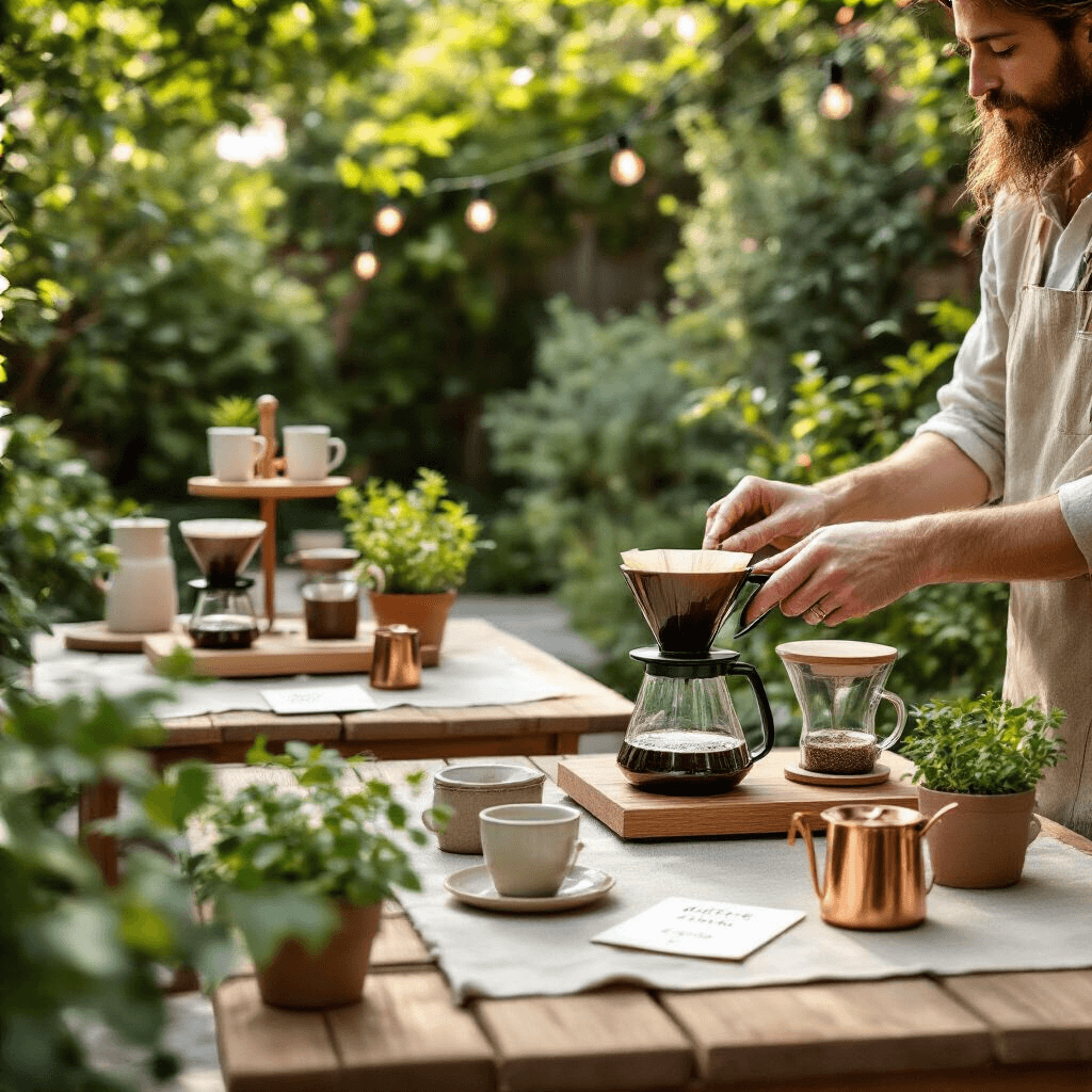 The Best Grind and Brew Coffee Maker: My Journey From Bitter Mornings to Café-Quality Bliss Close-up of a coffee brewing demonstration in a stylish backyard garden, featuring hands grinding coffee, low wooden tables with neutral linens, potted herbs, vintage coffee cups, and twinkling string lights in the soft afternoon light.