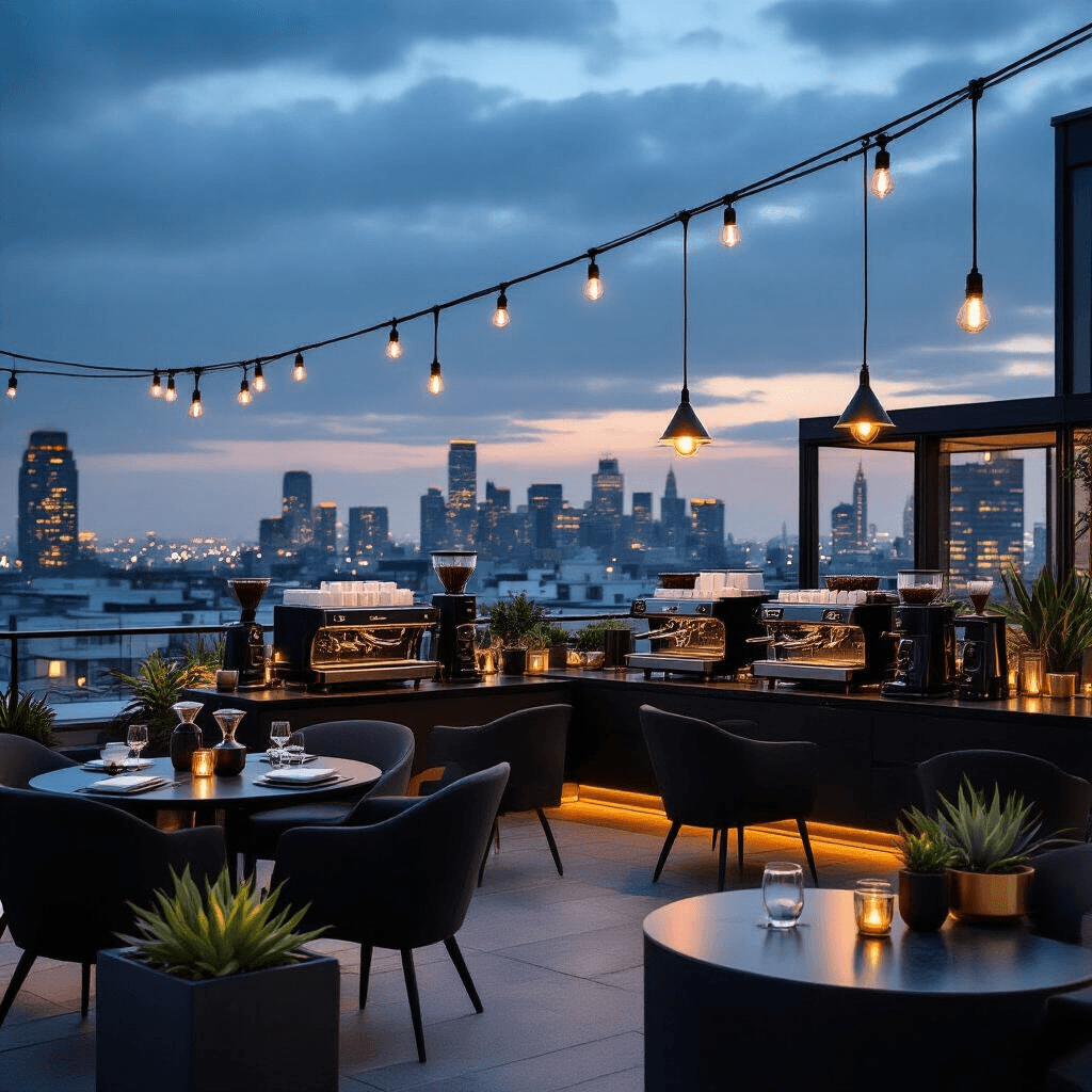 The Best Grind and Brew Coffee Maker: My Journey From Bitter Mornings to Café-Quality Bliss A moody evening scene of a rooftop coffee appreciation event featuring sleek furniture, elegantly lit coffee stations, guests in evening attire sampling brews, and a vibrant city backdrop with sparkling lights.